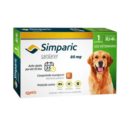 Antipulgas Zoetis Simparic 80 Mg Para Cães 20.1 A 40 Kg - 1 Comprimido